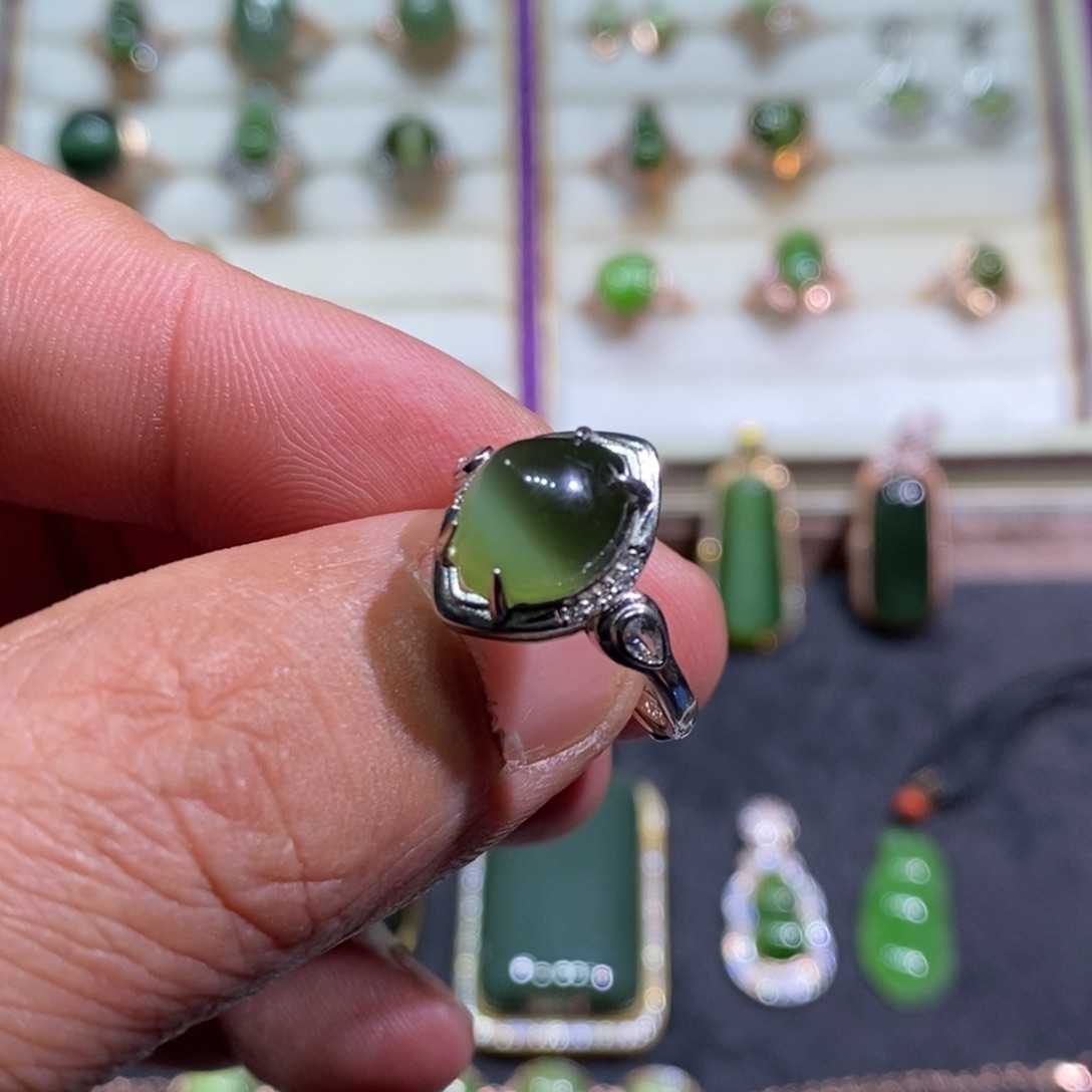 和田玉（碧玉）戒指银S925镶嵌
