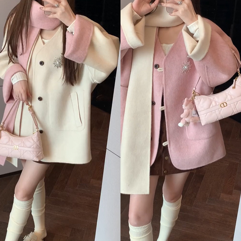 【mimius】&游鹿鹿正反两穿围巾羊 毛双面呢大衣（含胸针）F09173