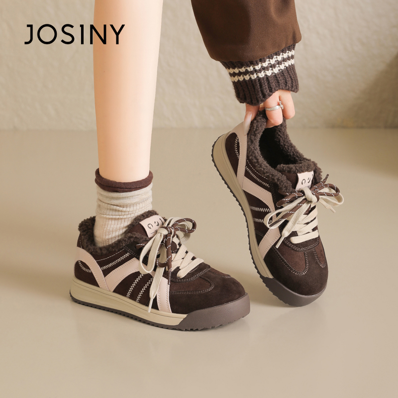 卓诗尼德训鞋女2025冬季新款棕色复古加绒加厚保暖休闲运动鞋百搭