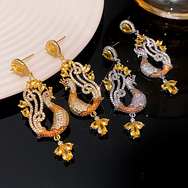 纯铜锆石耳饰 奢华欧美风孔雀气质高级感耳环小众个性时尚耳饰