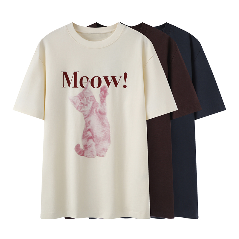 【0462】2025夏季新款字母猫咪印花宽松显瘦设计感短袖T恤女