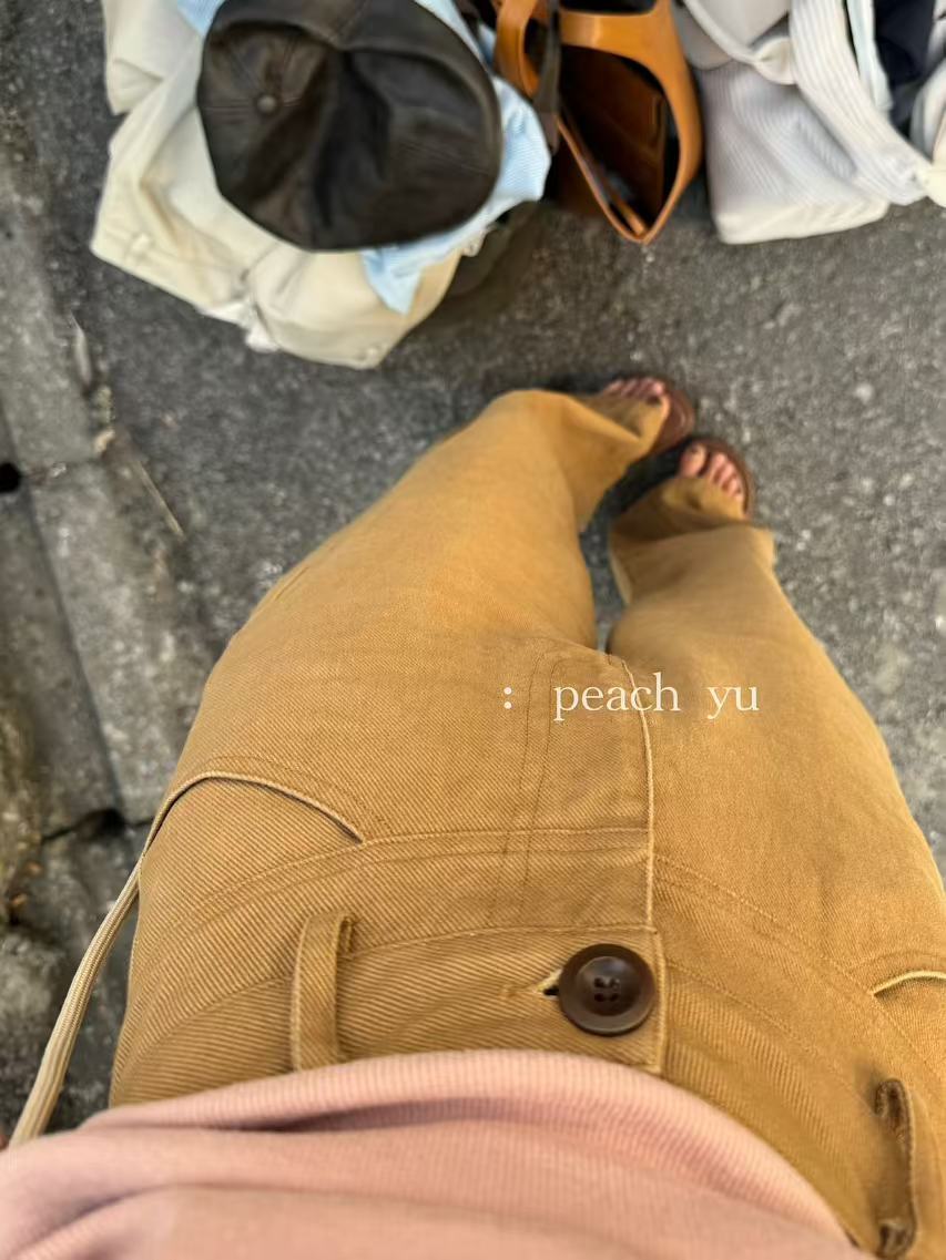 Peach自制 细节满分~复古宽松口袋贴标设计直筒阔腿长裤 10068