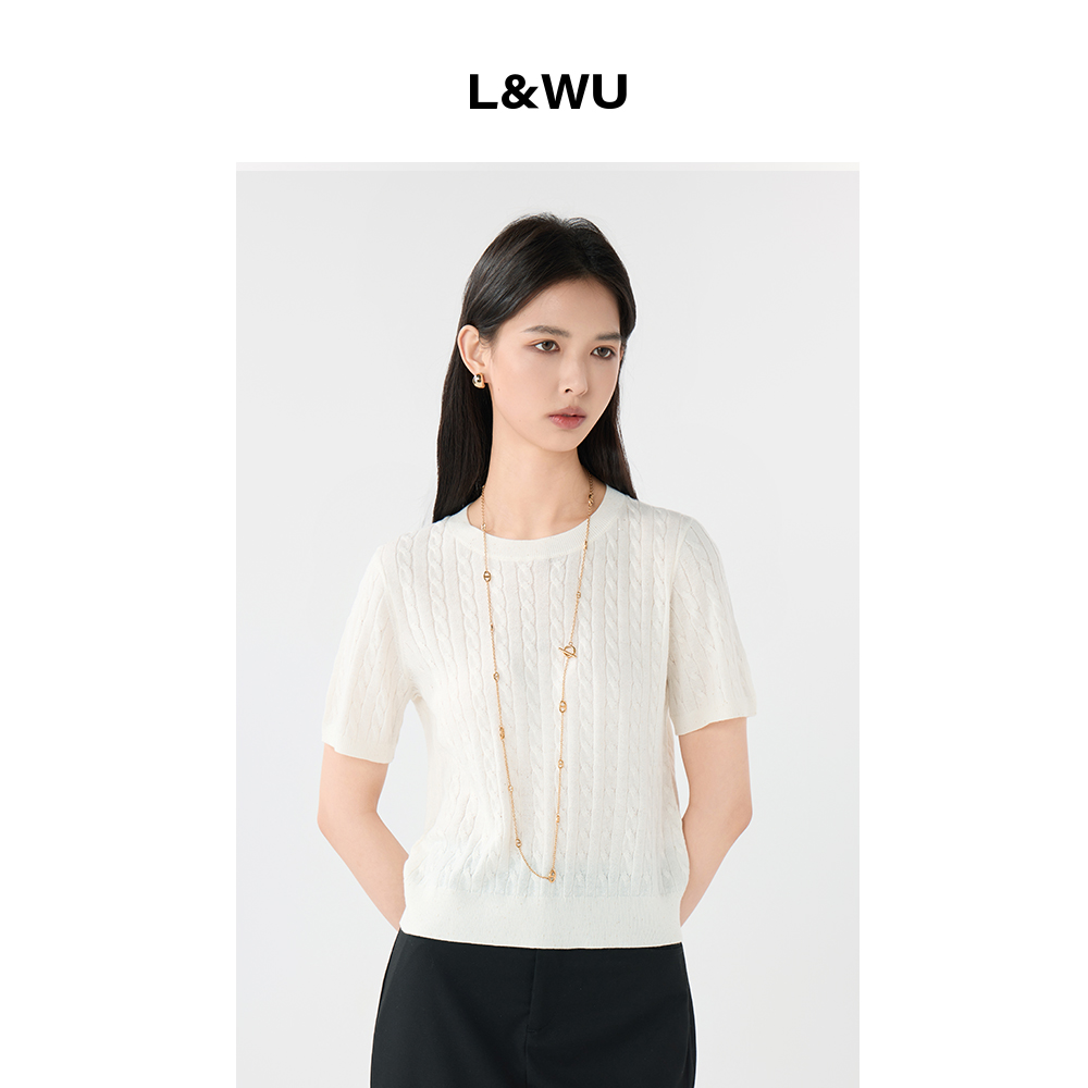 L&WU复古学院风织罗纹边正肩针织衫女轻盈柔软凉爽透气短款上衣女