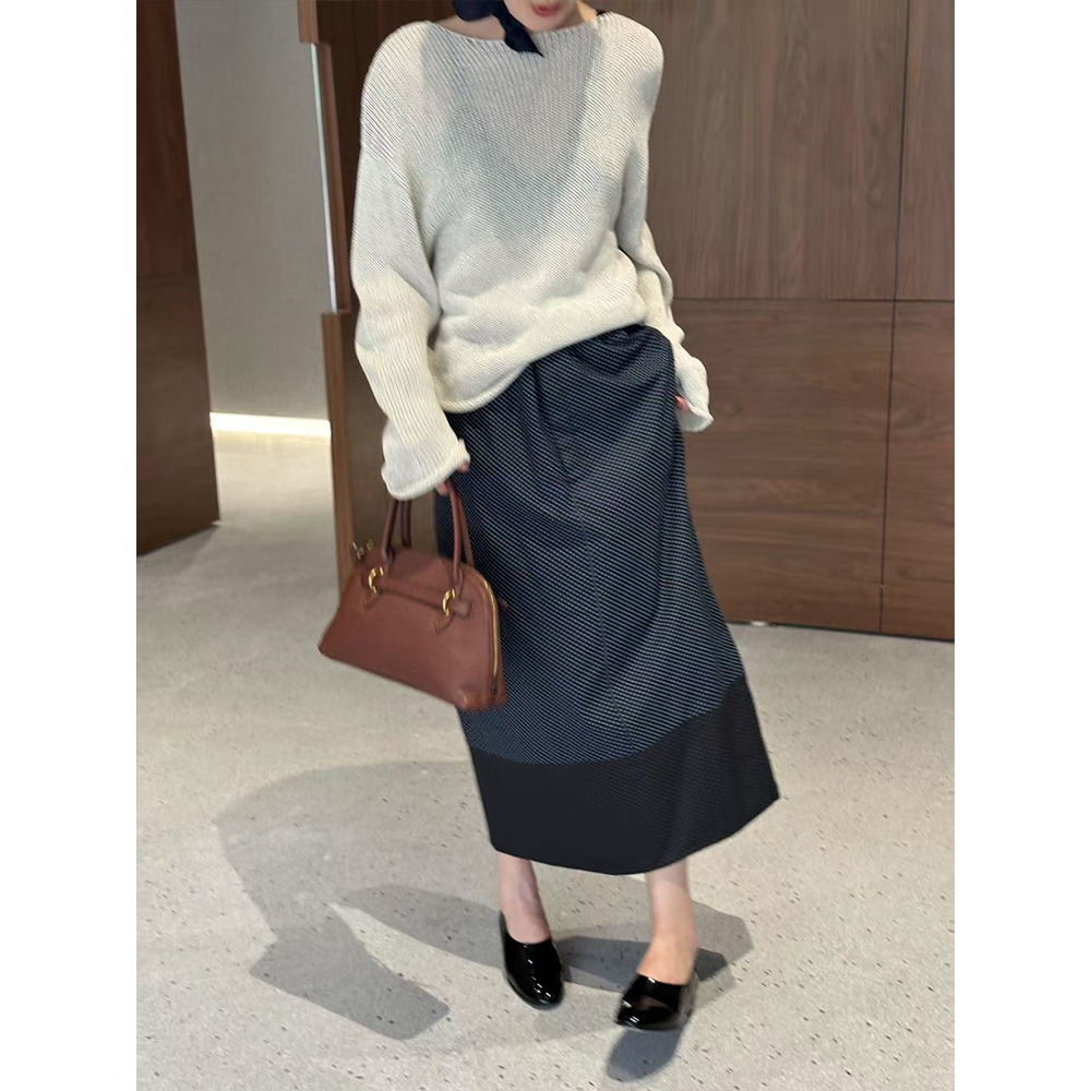 法式波点松紧腰拼接半身裙W8439