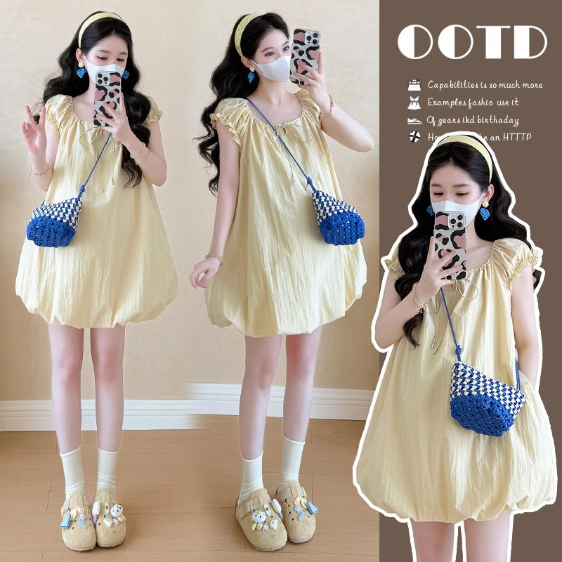 【枫丽】2025夏季新款孕妇法式气质甜美温柔短袖花苞A字短裙连衣裙