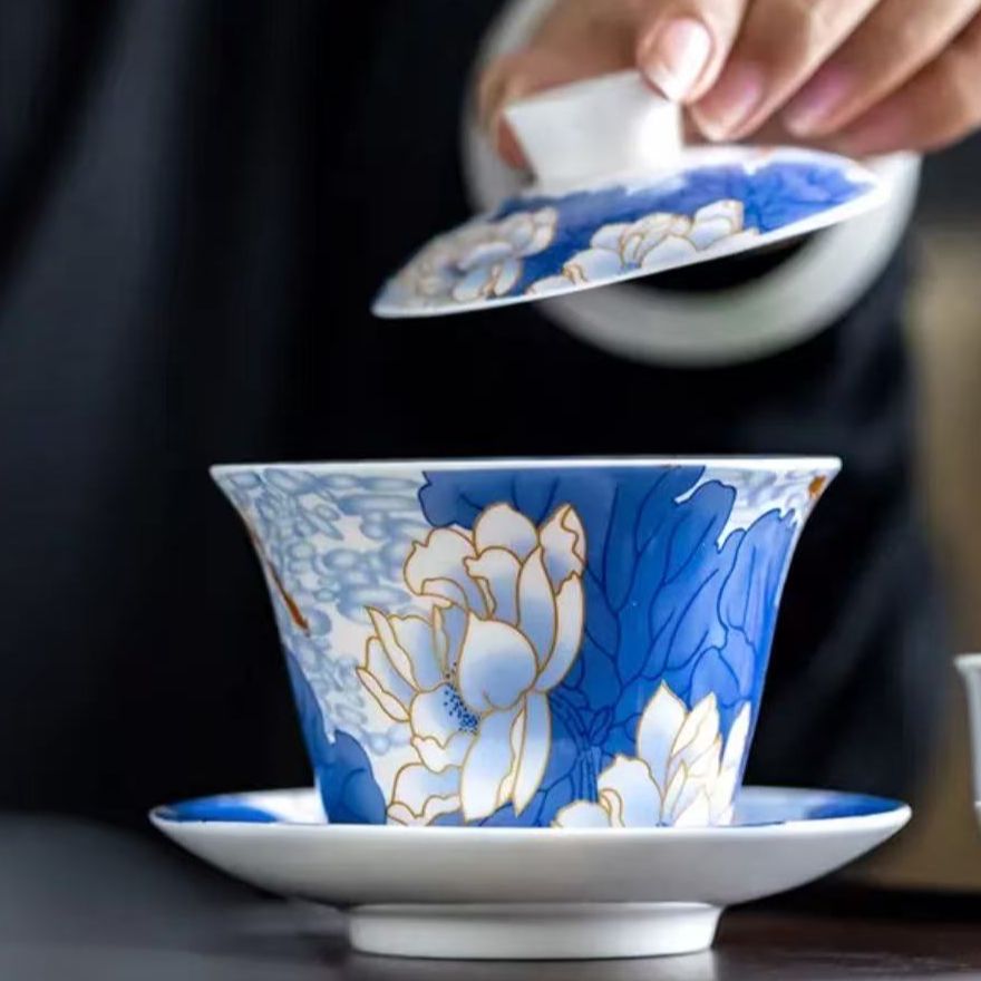 龙窑茶器  点金荷花悬停盖碗  4588  （专属）