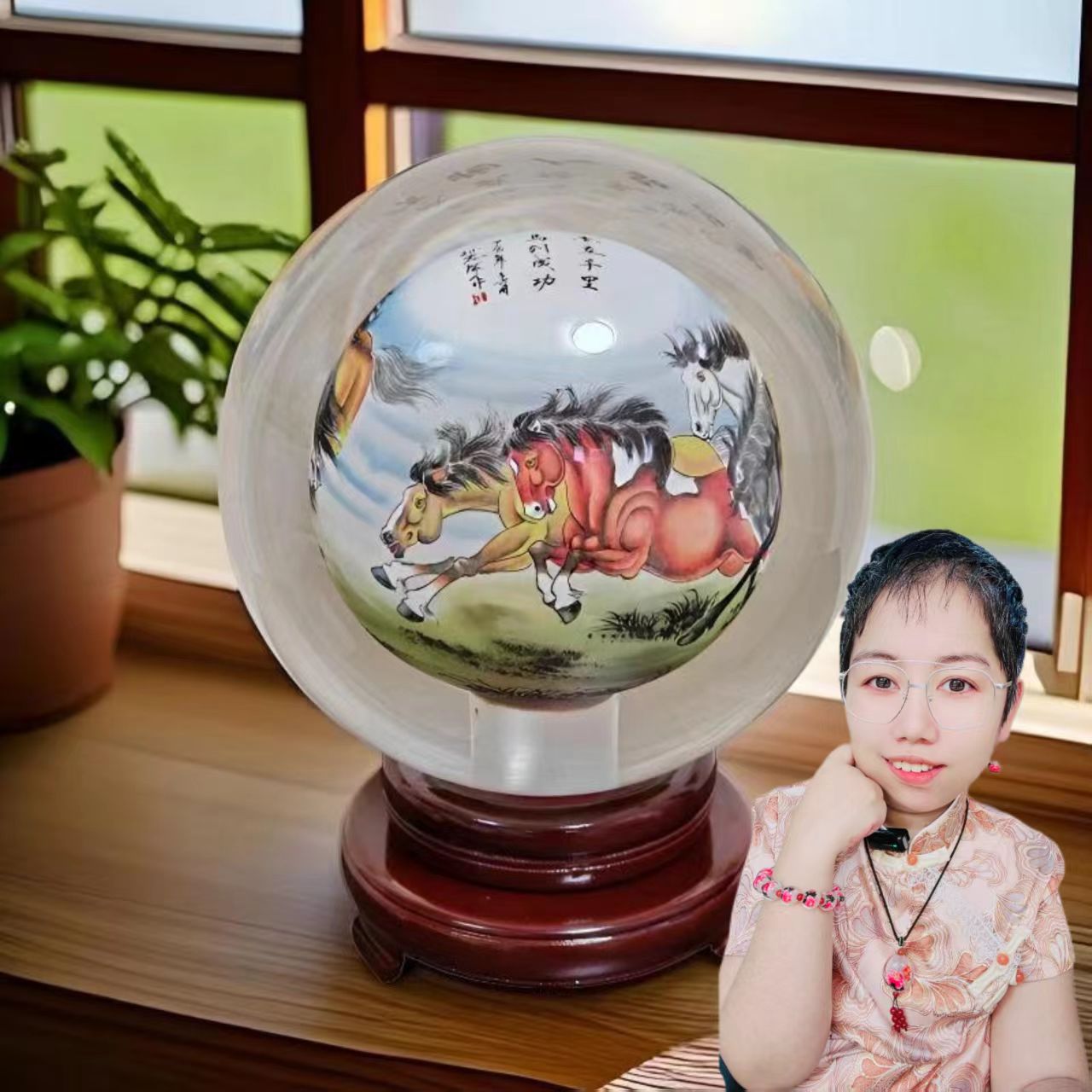 书房摆设中式玄关手工孙志成绘画摆件工艺品水晶球创意高档礼品