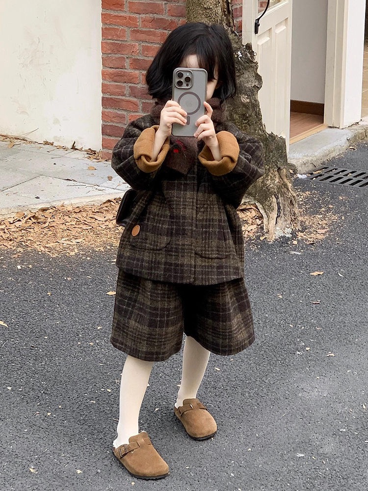 【松果】2025冬季男女童格子加棉套装新年套装韩版复古时尚二件套