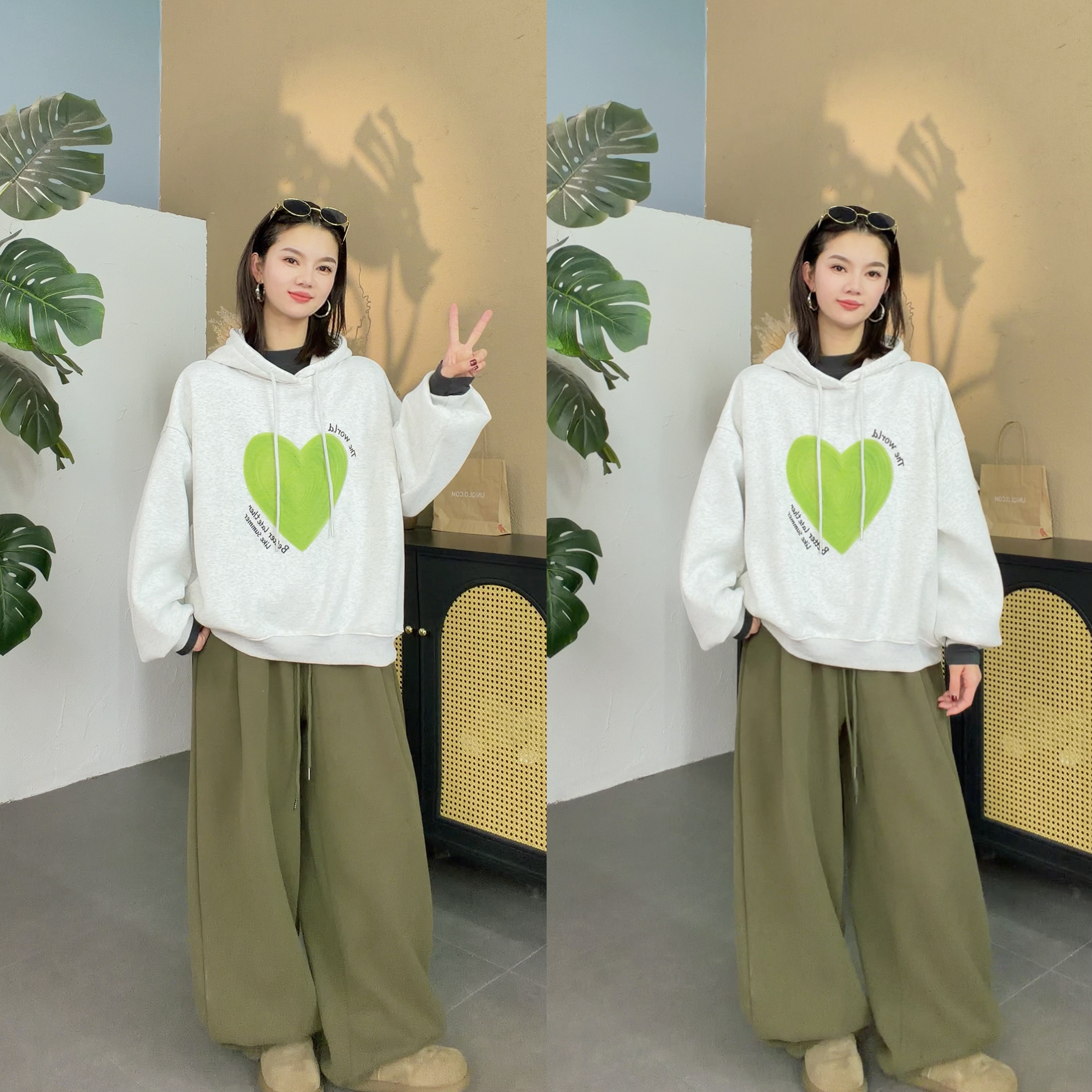 【SI MO】6855冬季新款慵懒休闲爱心加绒连帽卫衣