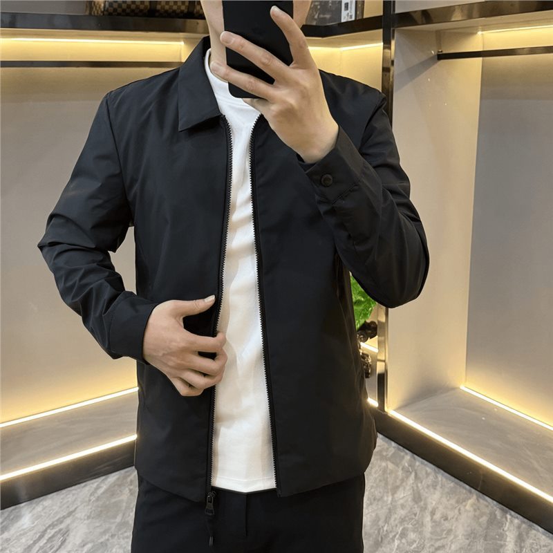 男商务休闲行政夹克秋冬季男士百搭修身翻领纯黑外套
