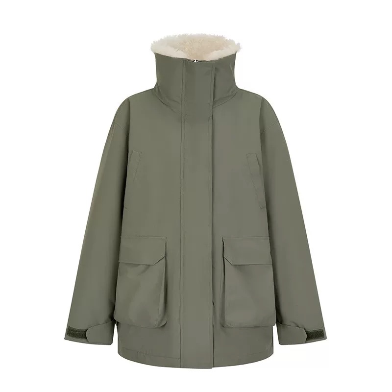 【暖绒派克】军绿色羊羔毛冲锋衣外套女派克服羊羔绒棉服