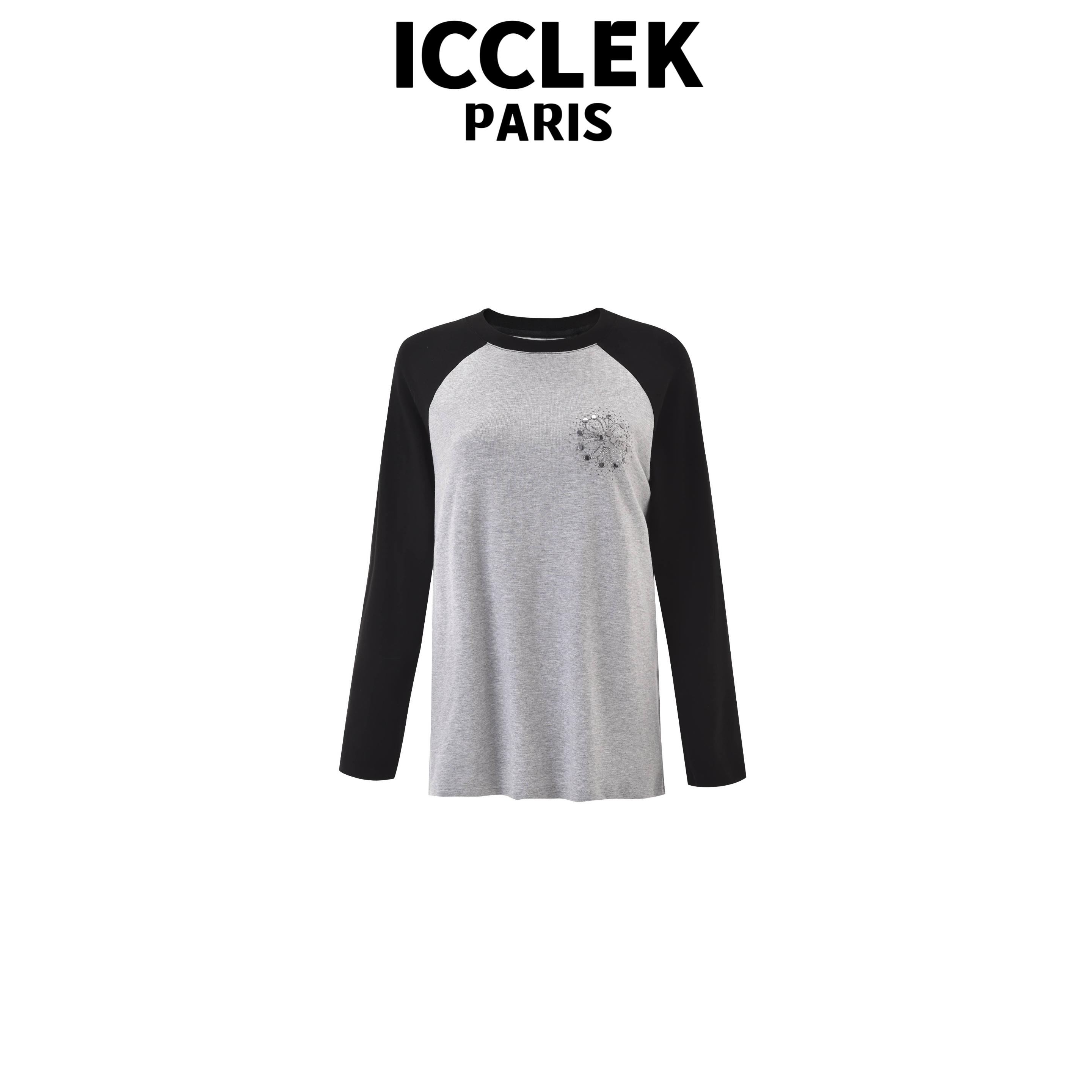 XY 灰色撞色烫钻长袖T恤气质轻奢名媛减龄百搭显瘦上衣 -5210