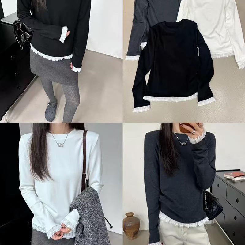 静静推荐  拼接加绒长袖T恤女秋冬新款显瘦百搭内搭打底衫832
