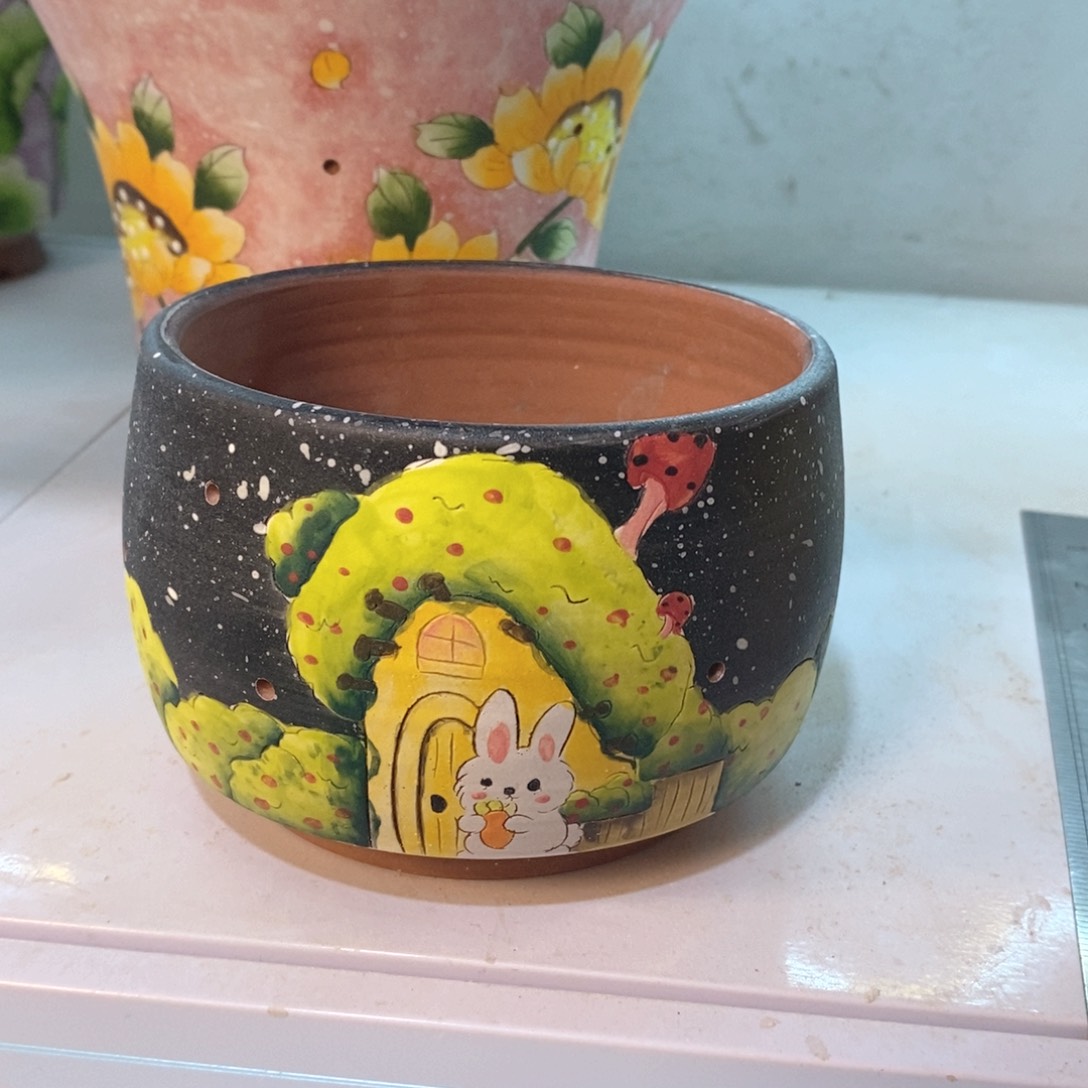 紫砂花盆红陶手绘花盆