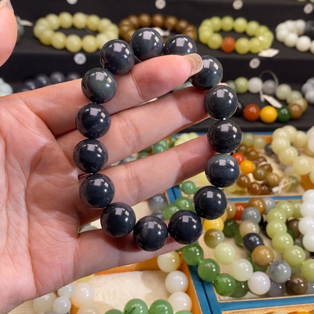 和田玉手链 14MM未镶嵌青花