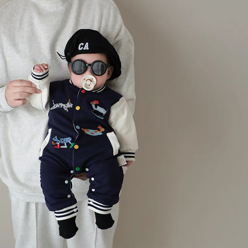 宝宝春装新款洋气棒球服连体衣婴儿衣服春季可爱爬服婴幼儿外出服