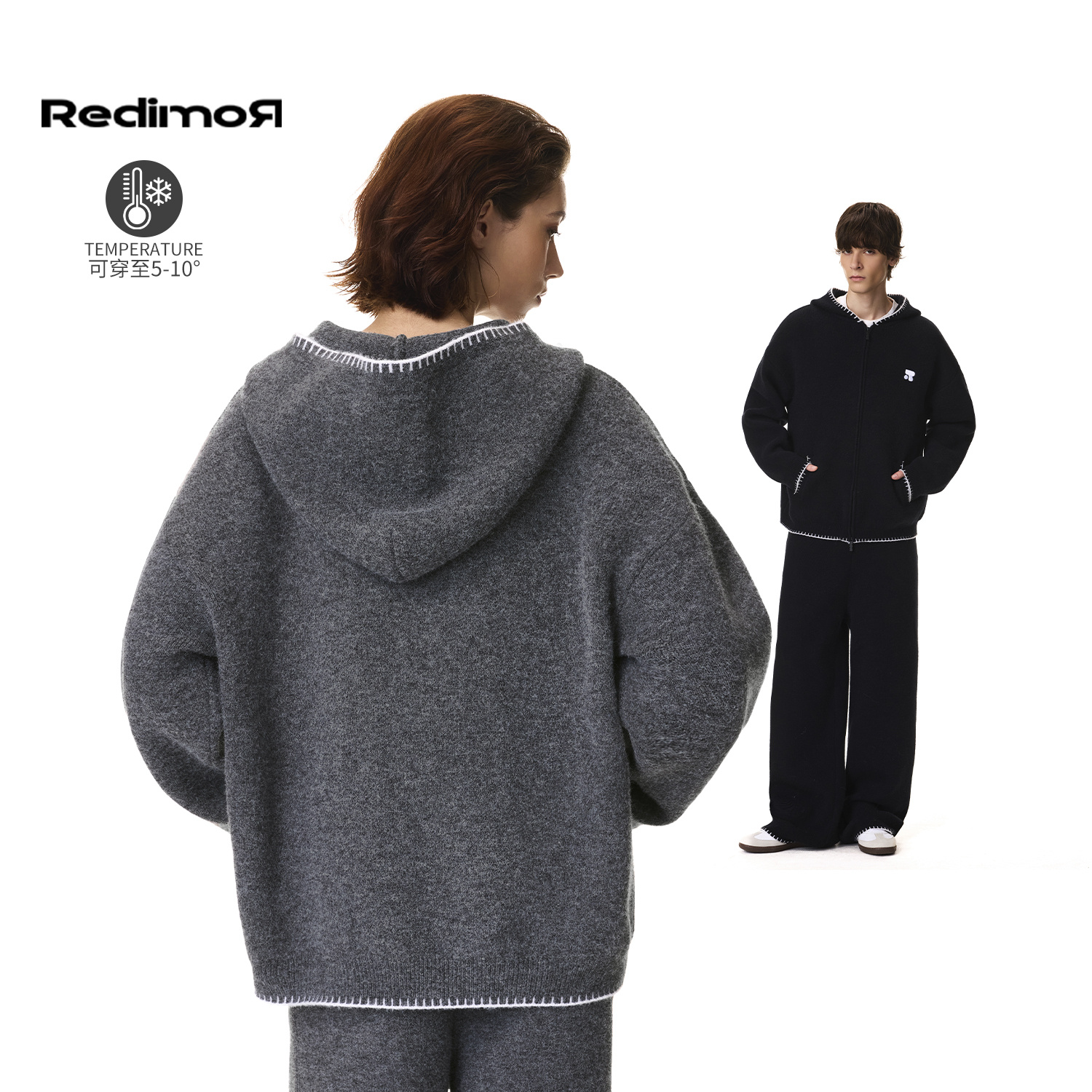 REDIMOR花边连帽毛衣拉链男女宽松慵懒风针织衫情侣外套254RC1406