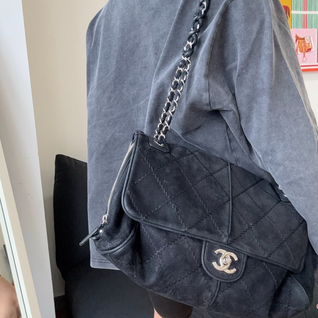 95新 Chanel/香奈儿 黑银麻花麂皮机场