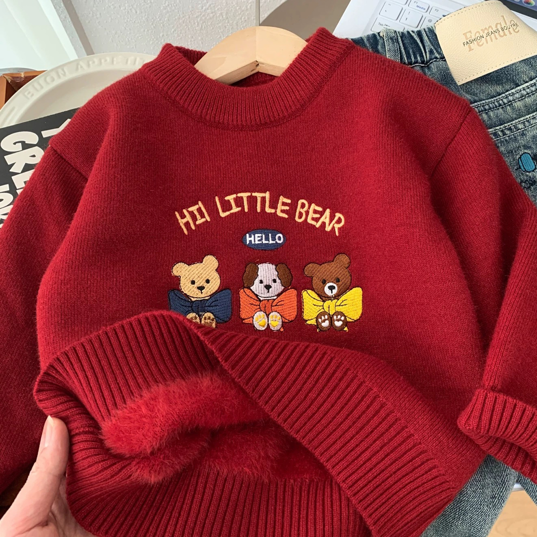 男童红色一体绒毛衣冬季加绒加厚喜庆针织衫中大童套头洋气卡通