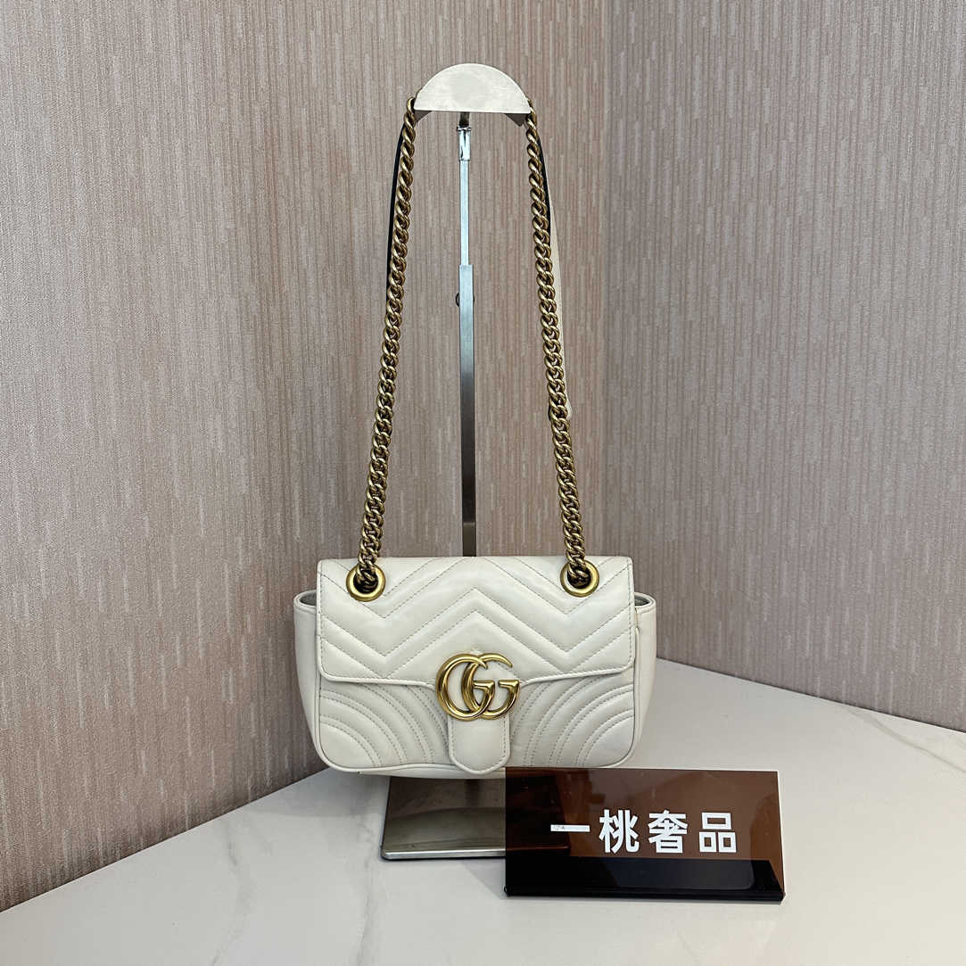 95新 GUCCI/古驰 一桃/古驰 马蒙22白色斜挎单肩