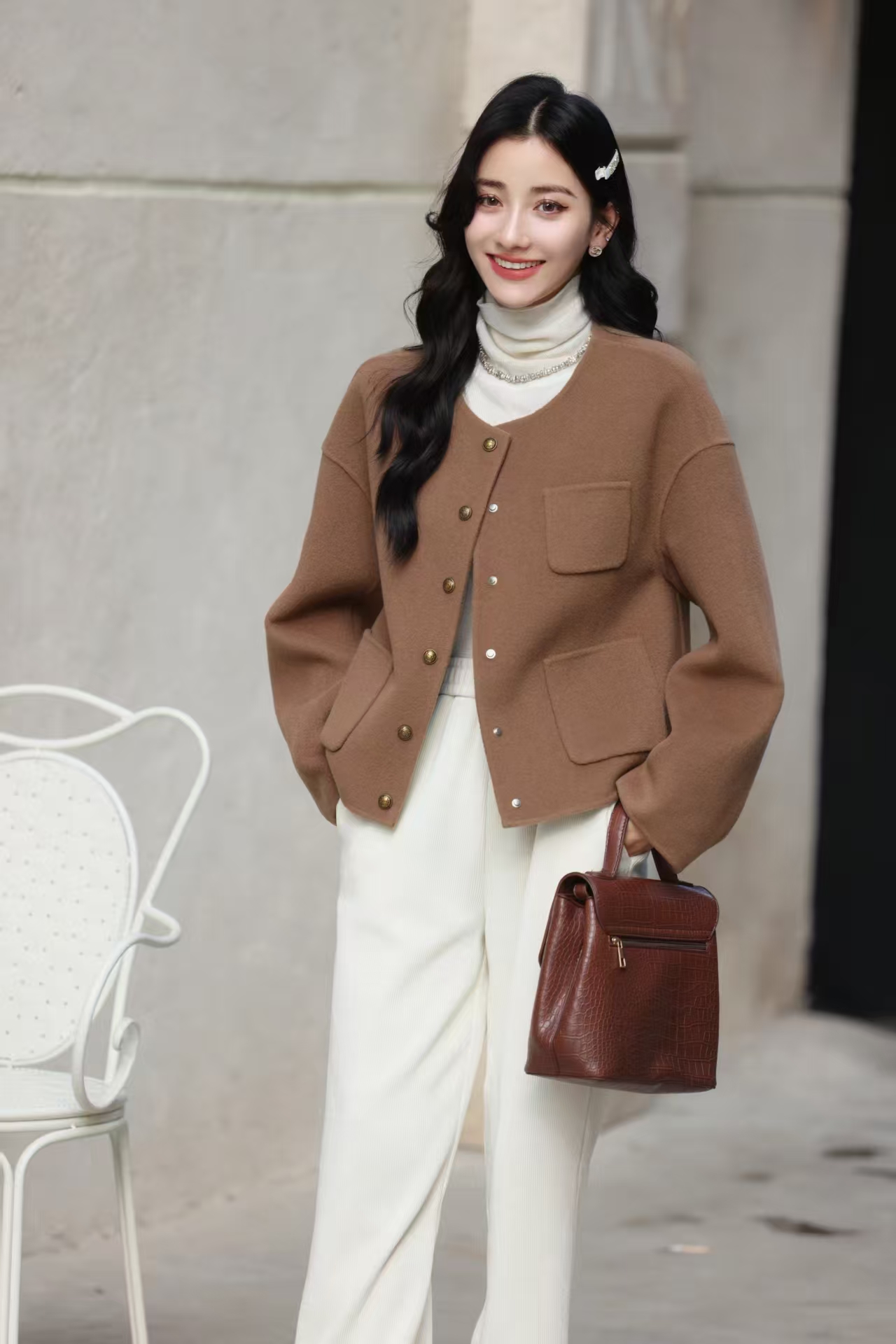 【F5735】2025短款时尚百搭冬季新品小香风双面呢外套女