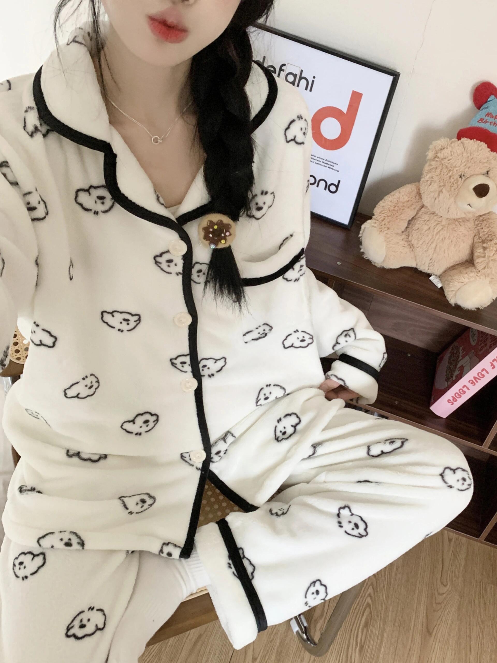 开衫半边绒睡衣冬季女款加绒加厚长袖可爱法兰绒居家服两件套装