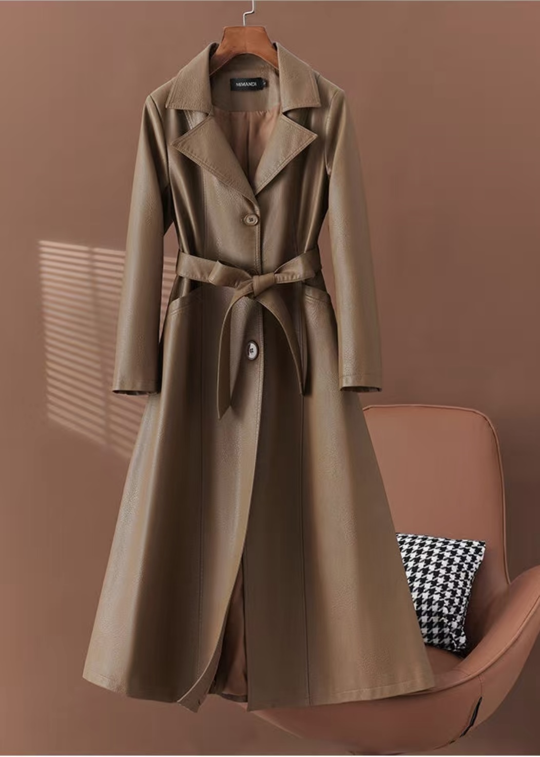 【女士长款皮衣】春秋新款时尚气质西服领韩版修身过膝长款皮衣外套