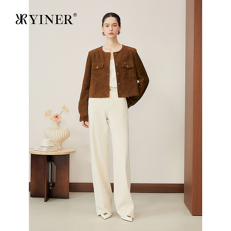 YINER音儿2025秋季新款法式头层反绒羊皮短款H型圆领真皮皮衣夹克
