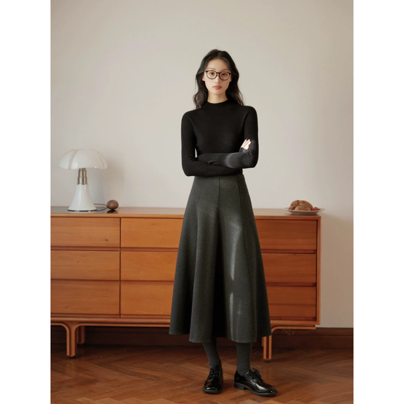 D-1473-秋冬针织毛呢松紧腰A字复古鱼尾长裙伞裙3113