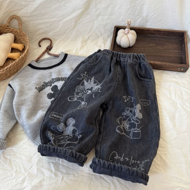 儿童加绒长裤2025冬男童潮牌卡通涂鸦牛仔裤宝宝小童休闲直阔腿裤