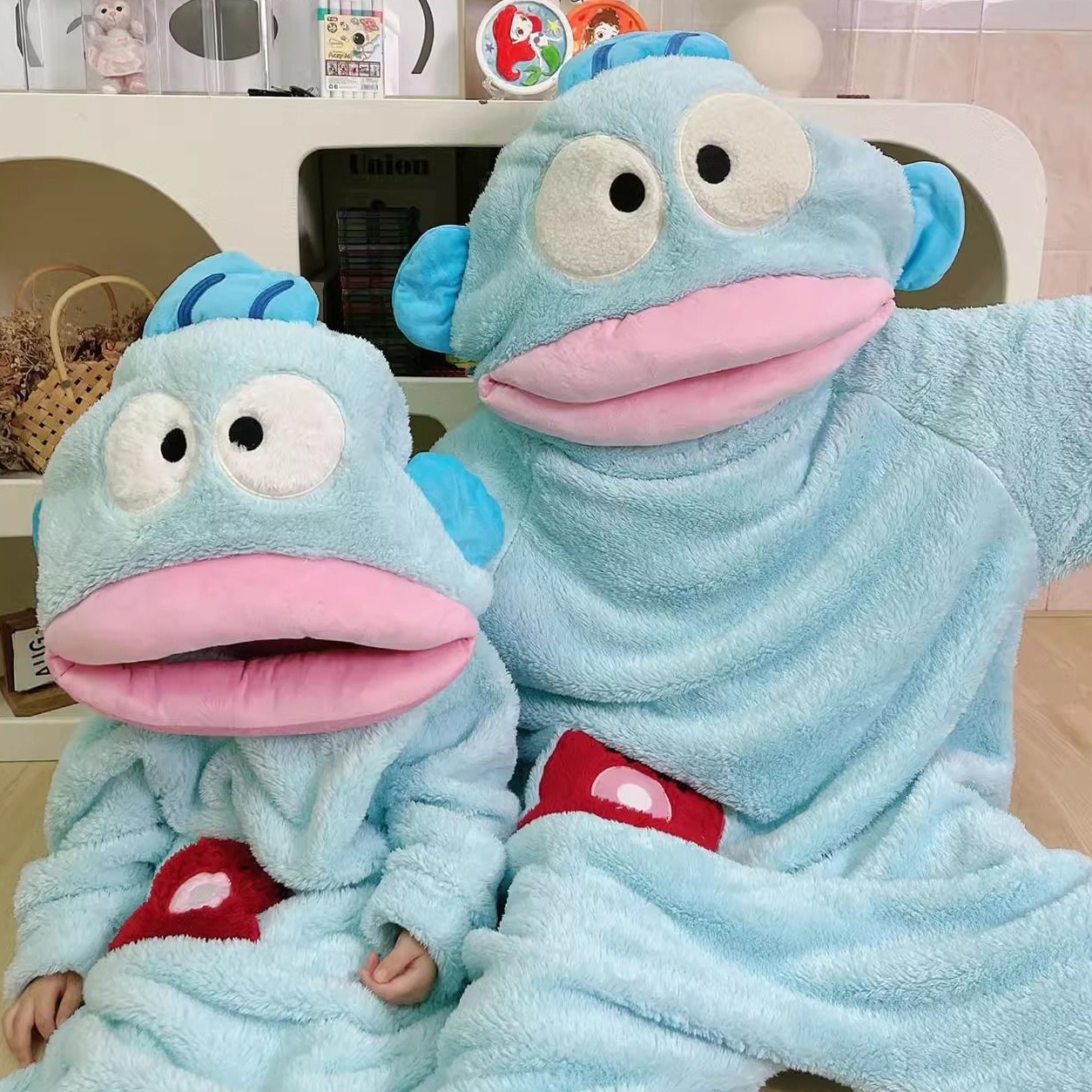 丑鱼秋冬加厚儿童家居服卡通连搞怪睡衣大童冬天长款大嘴鱼睡袍