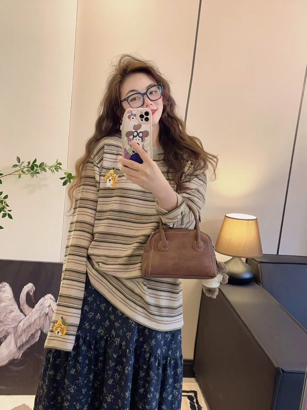 春秋yongwill小羊纸袋家1157棉肤感绒条纹刺绣长袖T恤打底衫女