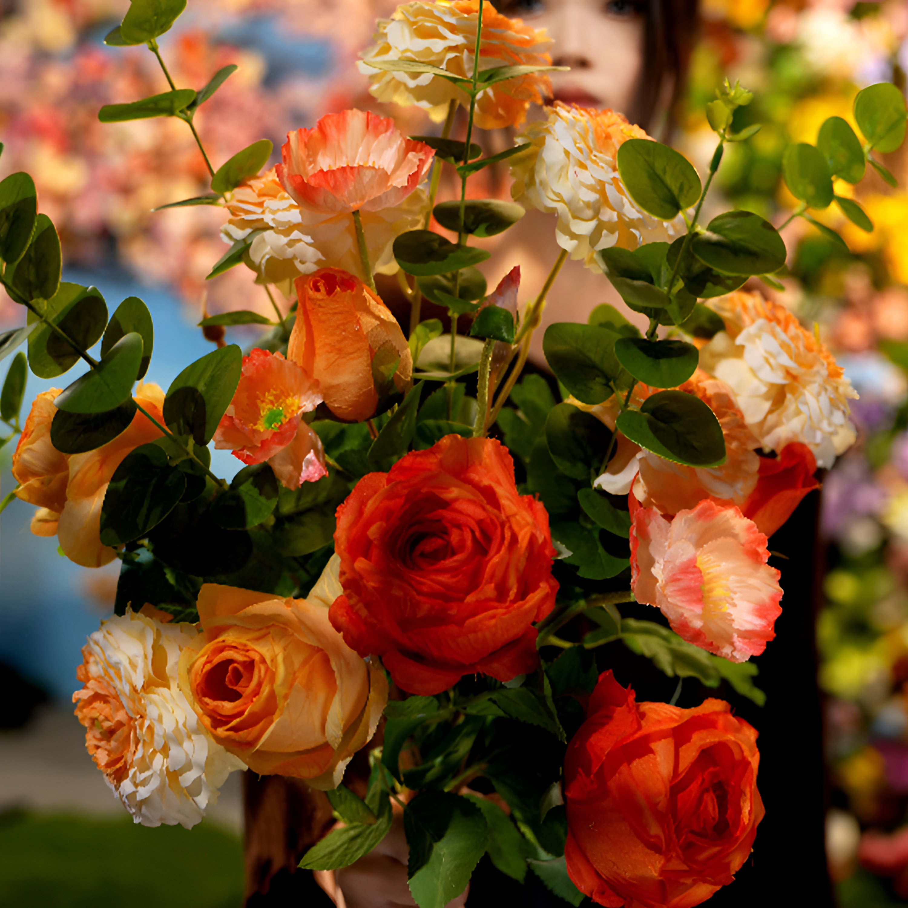 (果粒橙)花束橘色系烤边玫瑰锦鲤牡丹花民宿酒店插花摆设客厅装饰