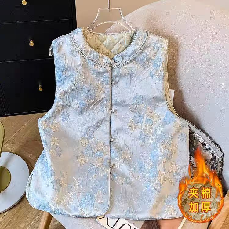 落樱~新中式夹棉织锦提花盘扣马甲复古唐装坎肩上衣589