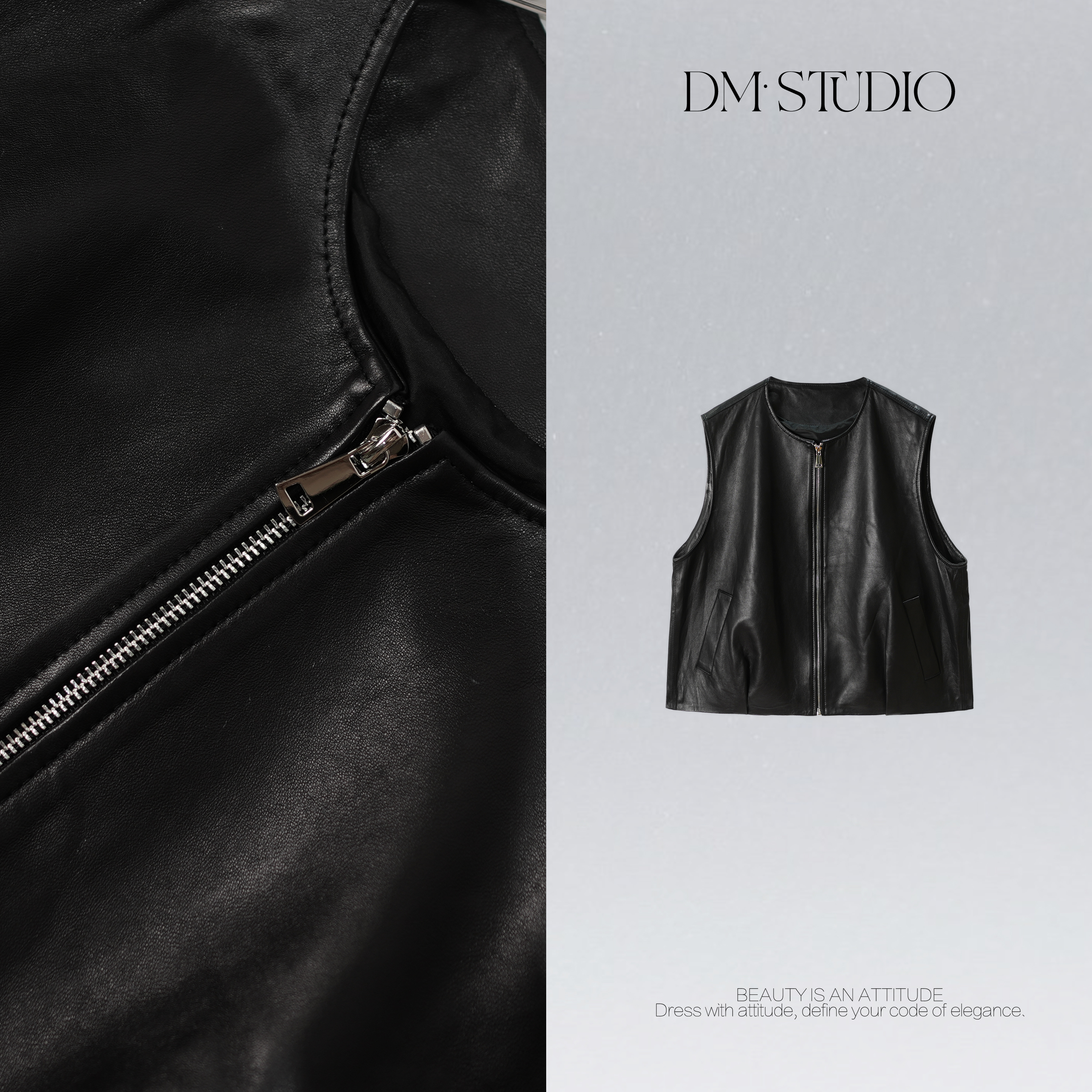 DEDM•STUDIO/复古气质静奢风质感绵羊皮圆领皮衣马甲2506MJ/2576