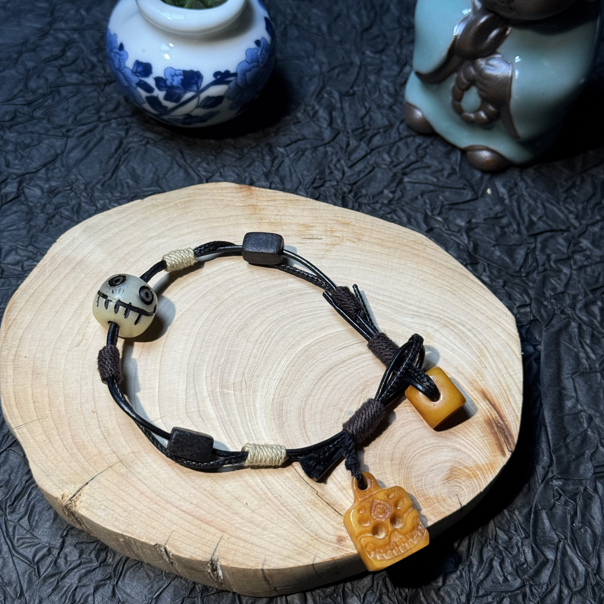纯铜木质手链 复古牛骨雕刻骷髅手链 手作皮质绳编个性配饰