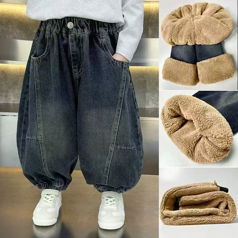 男童羊羔绒牛仔裤韩版长裤宝宝弯刀裤宽松保暖2025男孩束脚裤子