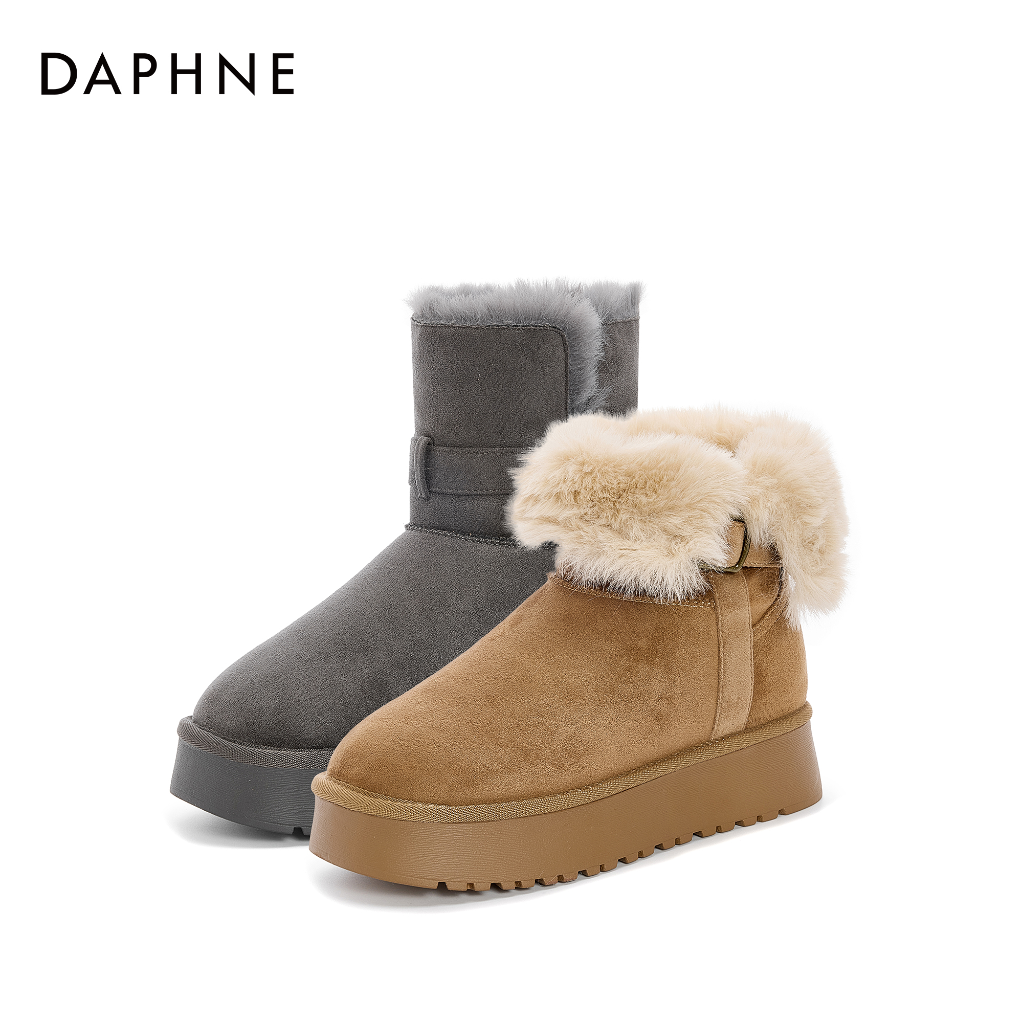 达芙妮百搭厚底皮带扣毛绒加厚保暖时尚24年冬季新款雪地靴