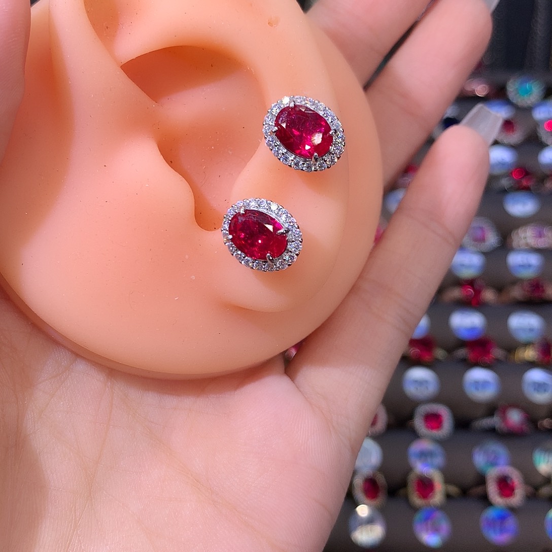耳饰银S925镶嵌红宝石白68