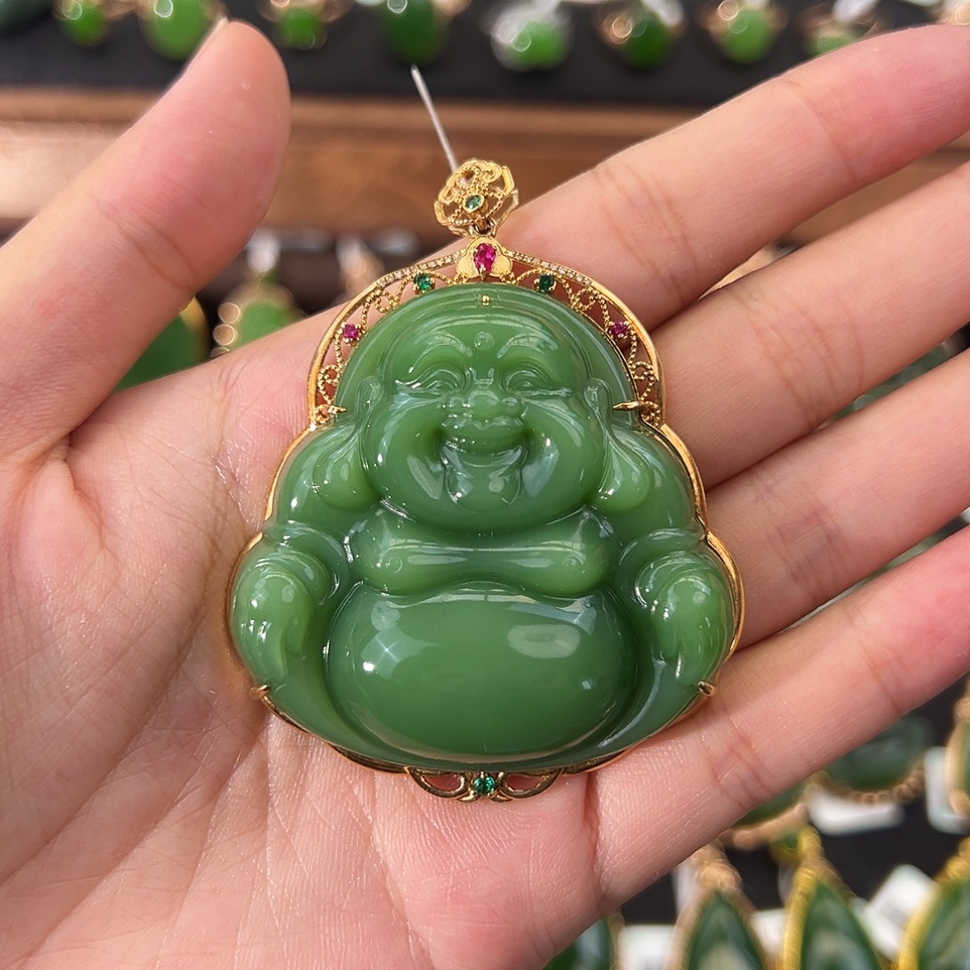 和田玉（碧玉）18K金镶嵌吊坠(不含链)大佛公47mm 