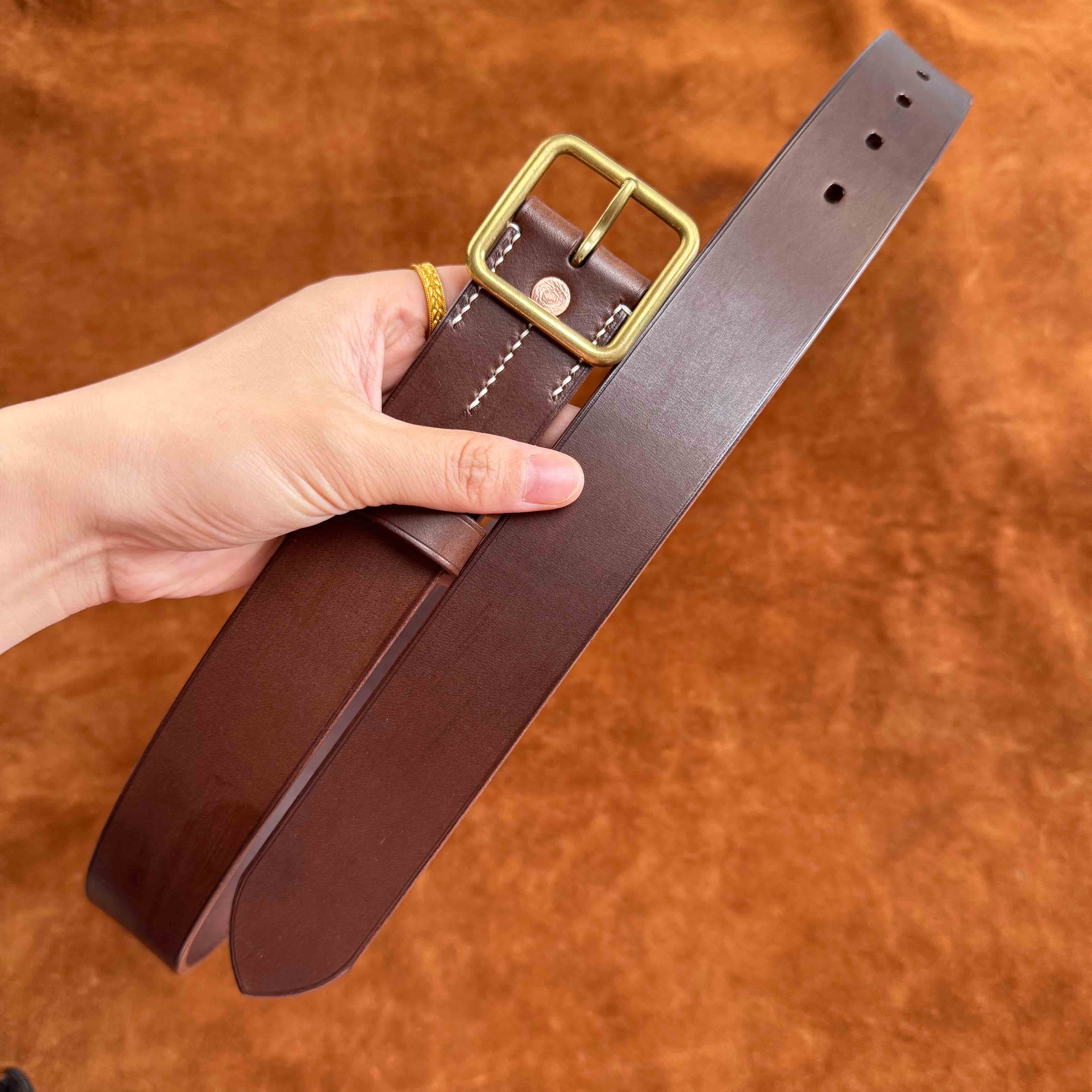 精致简约时尚休闲小贝铜扣进口头层牛皮手工皮带男士裤腰带皮带