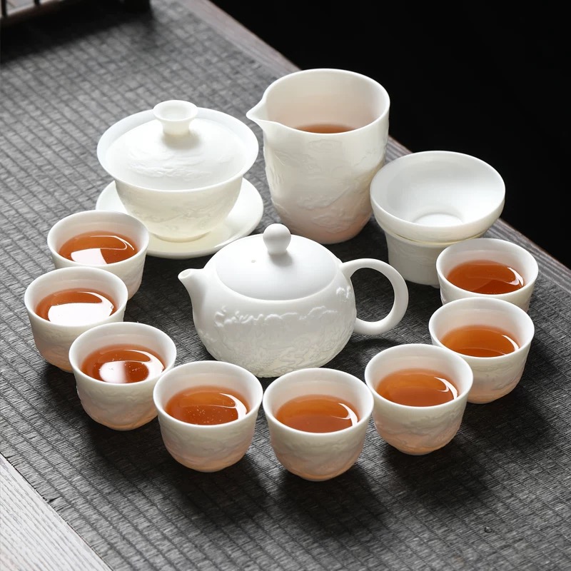 C957-10头影雕清明上河图盖碗套装 清仓HSF2