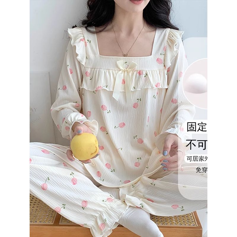 春秋新款方格领薄款带固定胸垫宽松女淑女风大码荷叶边家居服居家