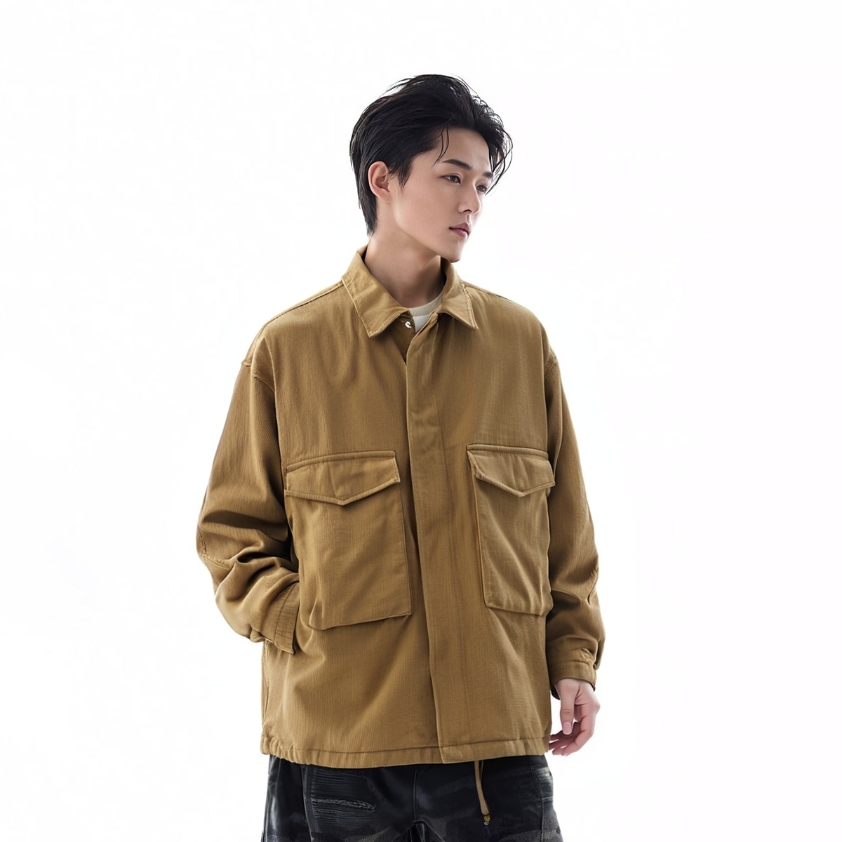 【cityboy】秋季纯棉工装夹克拉链长袖宽松男休闲纯色0376