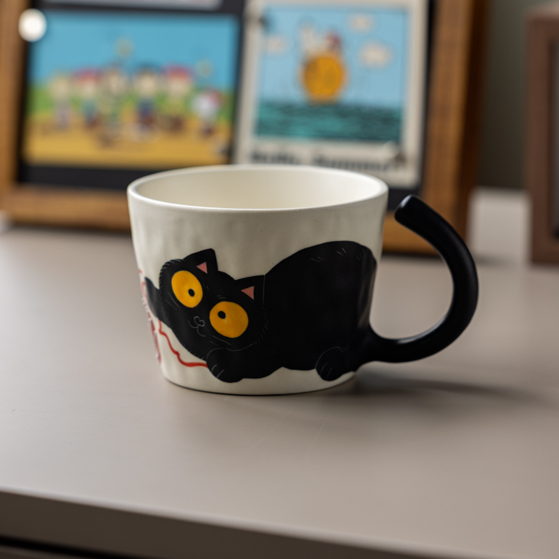 @H0252陶瓷手绘黑色大尾巴猫猫杯