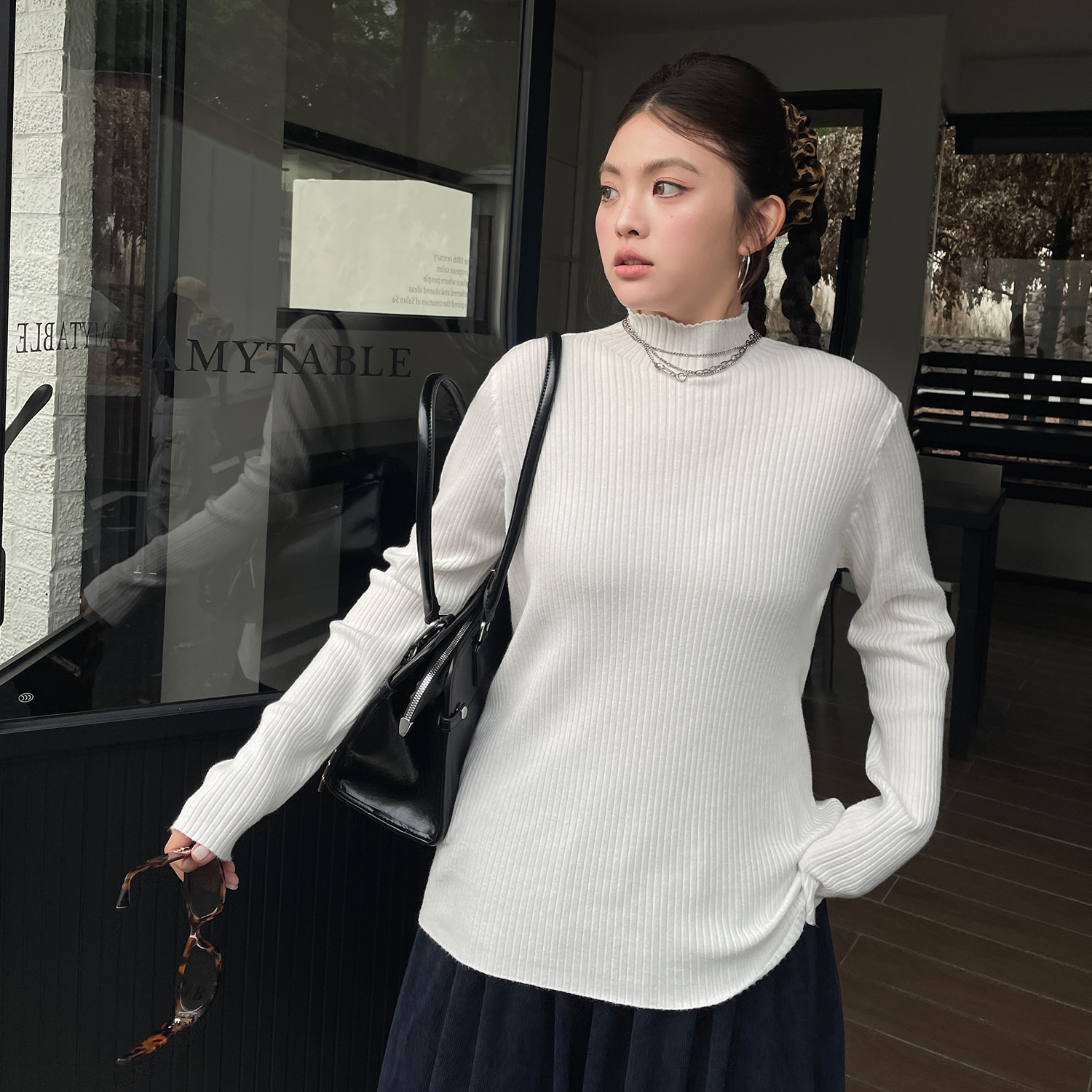 新款内搭可外穿半高领针织打底衫女大码胖mm遮肚子显瘦长袖上衣