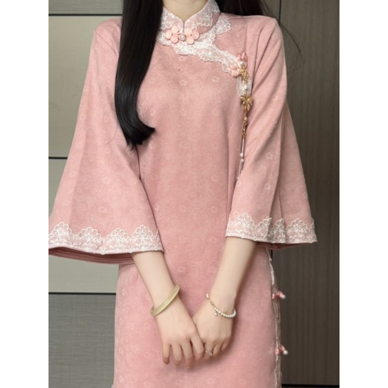 【花开】2025年春季新款民国复古麂皮绒倒大袖改良旗袍连衣裙少女