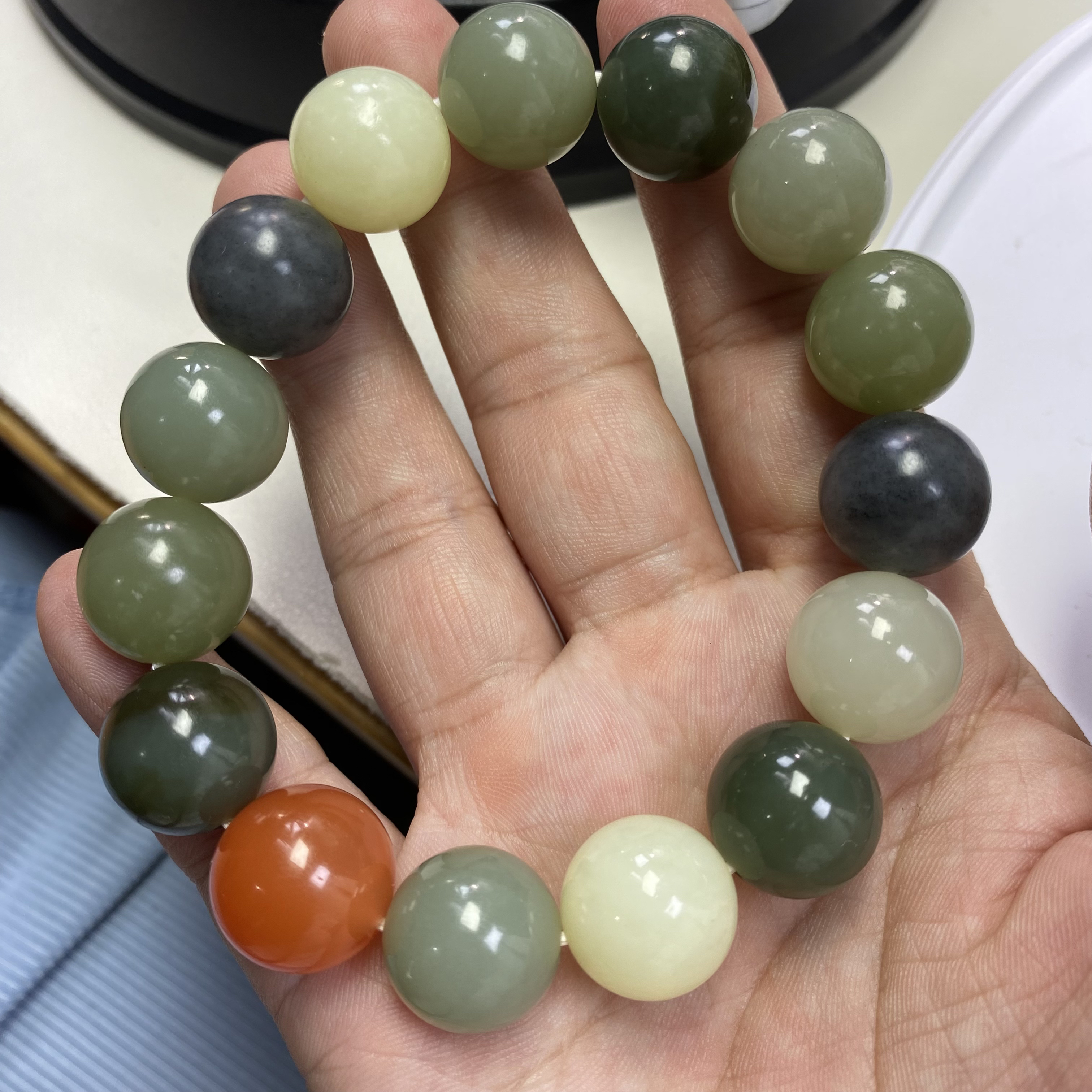 天然和田玉14mm多宝玉手串彩色一物一证单圈圆珠百搭时尚轻奢