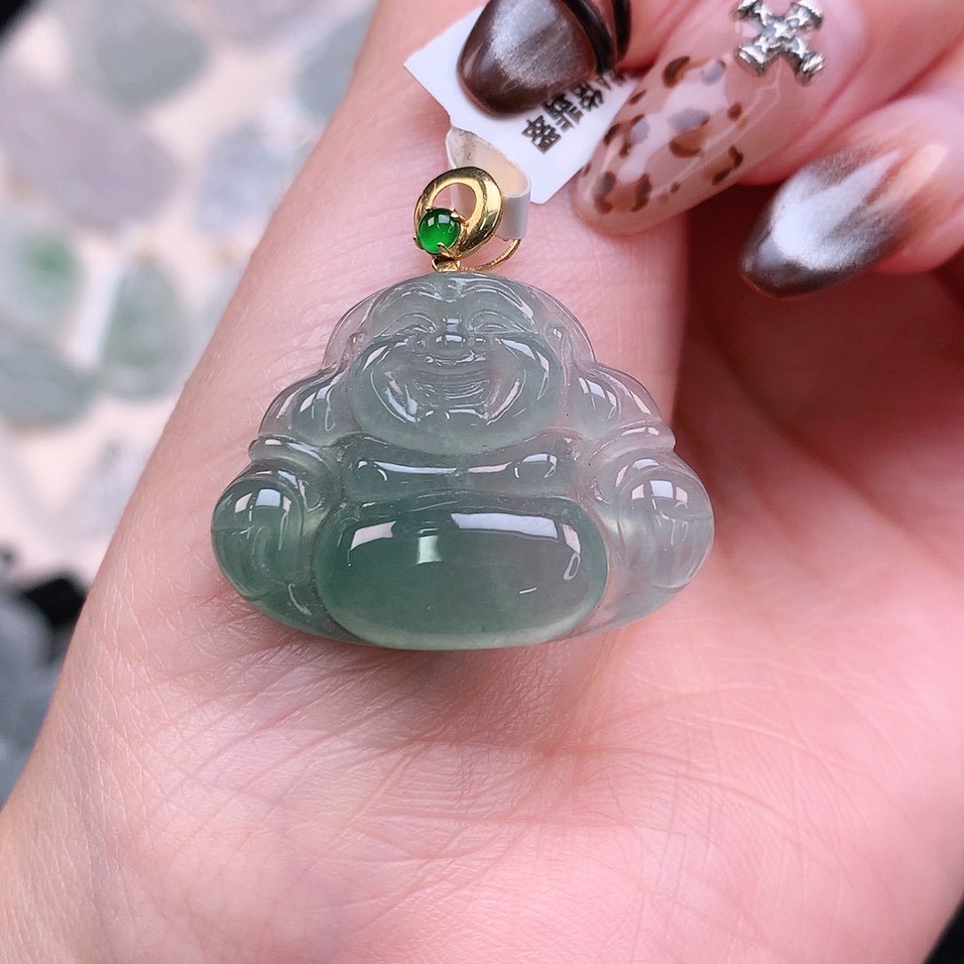 翡翠颈饰18K金镶嵌冰绿佛28.5、21.5、28.5、5