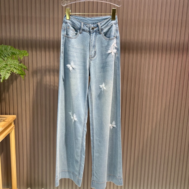 蝴蝶纷飞 夏季新款百搭柔软烫钻直筒牛仔裤休闲长裤